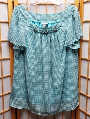 ☮️ Roz & Ali Blue Boho Wood Bead Ruffle Sleeve Shirt Womens 1X